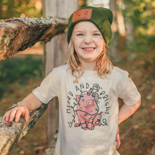 "Merry & Bright" Pig Country Western Kid Christmas 2024 tee