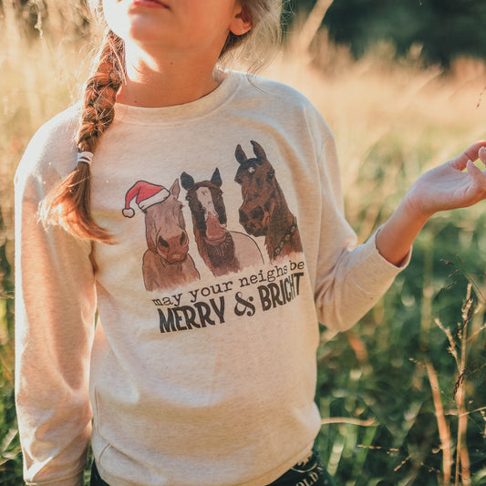 "May Your Neighs be Merry & Bright" Country Western Horse Kid Christmas Long Sleeve