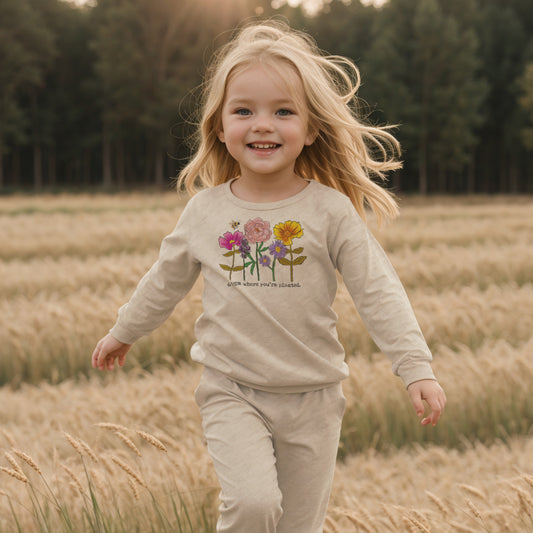 "Bloom where you're planted" Youth Kids Nature Wildflower Long Sleeve T-shirt