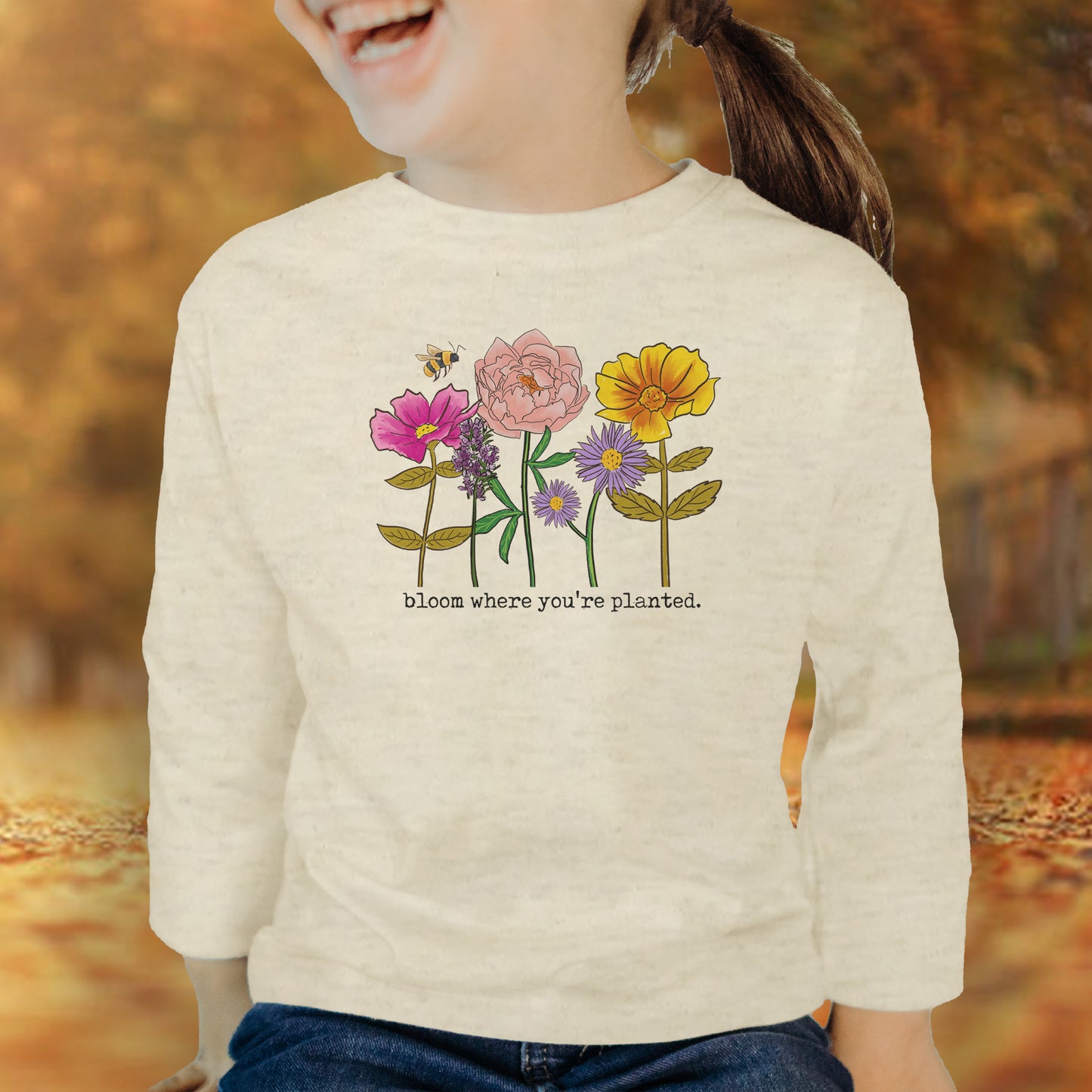 "Bloom where you're planted" Youth Kids Nature Wildflower Long Sleeve T-shirt