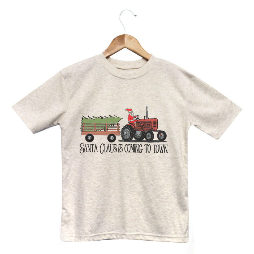 "Santa Claus is coming to town" Country Western Tractor Kid Christmas 2024 tee