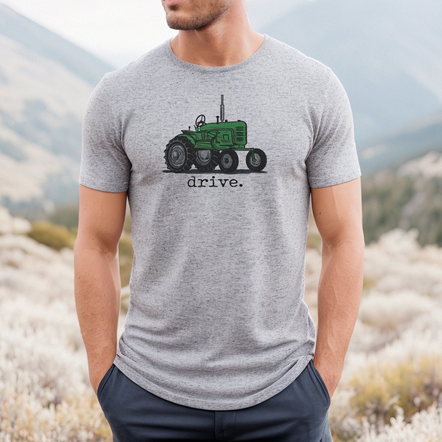 ADULT "drive" Grey T-shirt Green Tractor Unisex Farm Tee