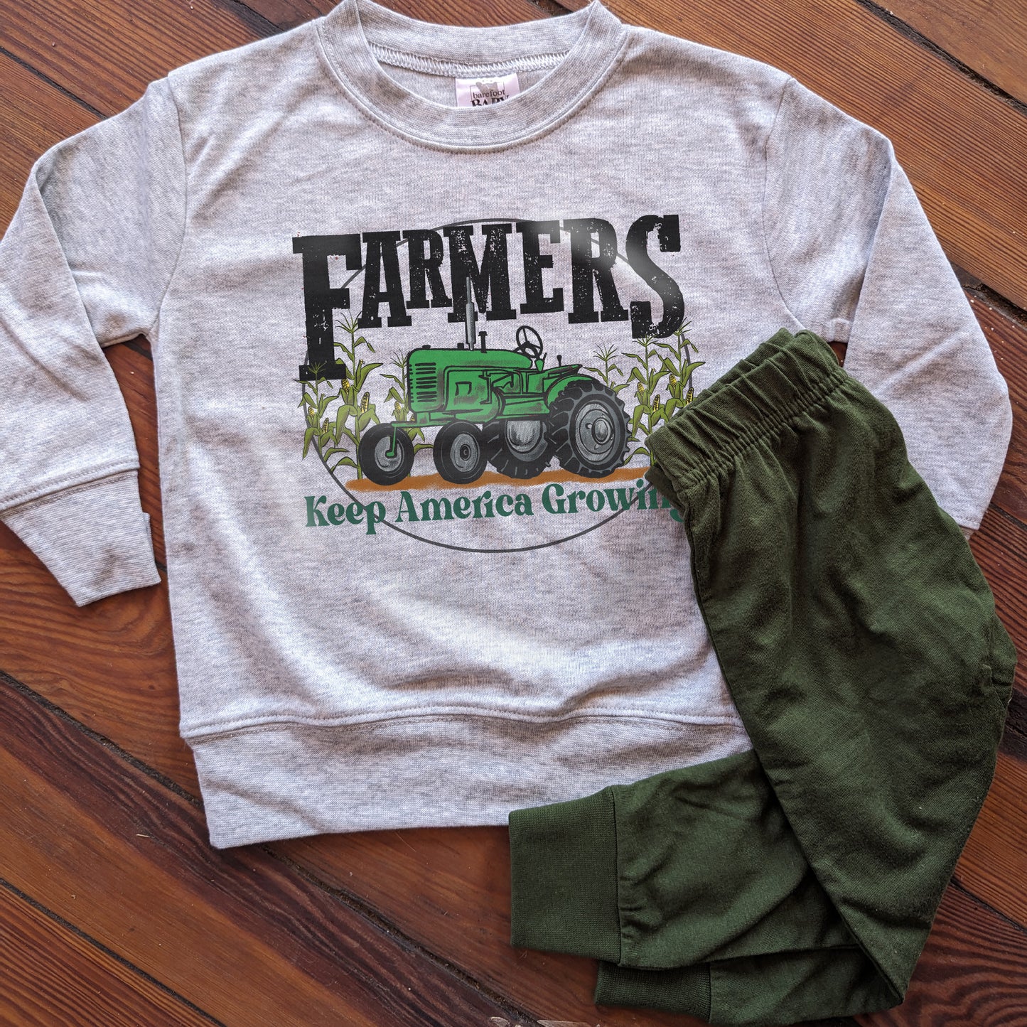 "Farmers keep America growing" Green Tractor Kid Long Sleeve