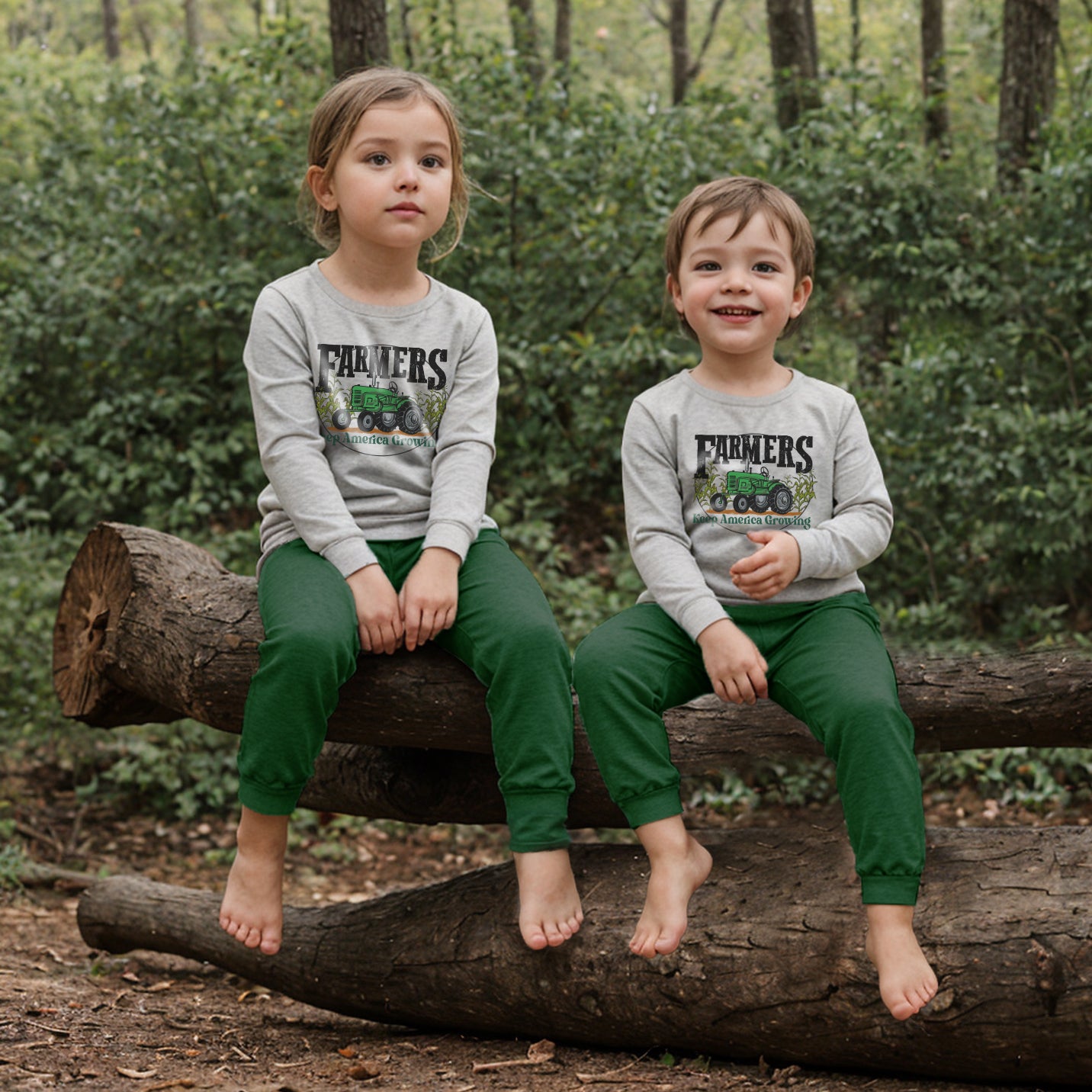 "Farmers keep America growing" Green Tractor Kid Long Sleeve