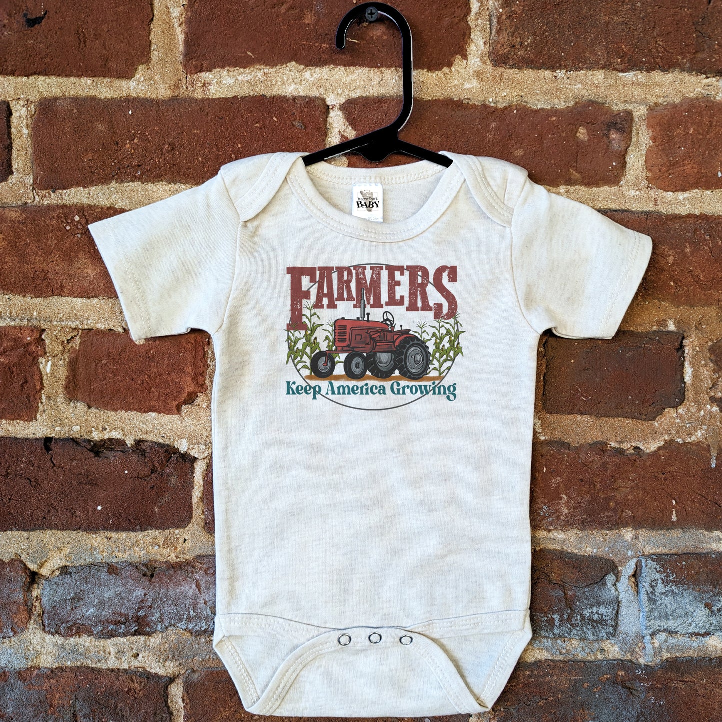 "Farmers keep America growing" Beige Farm baby red tractor  outfit