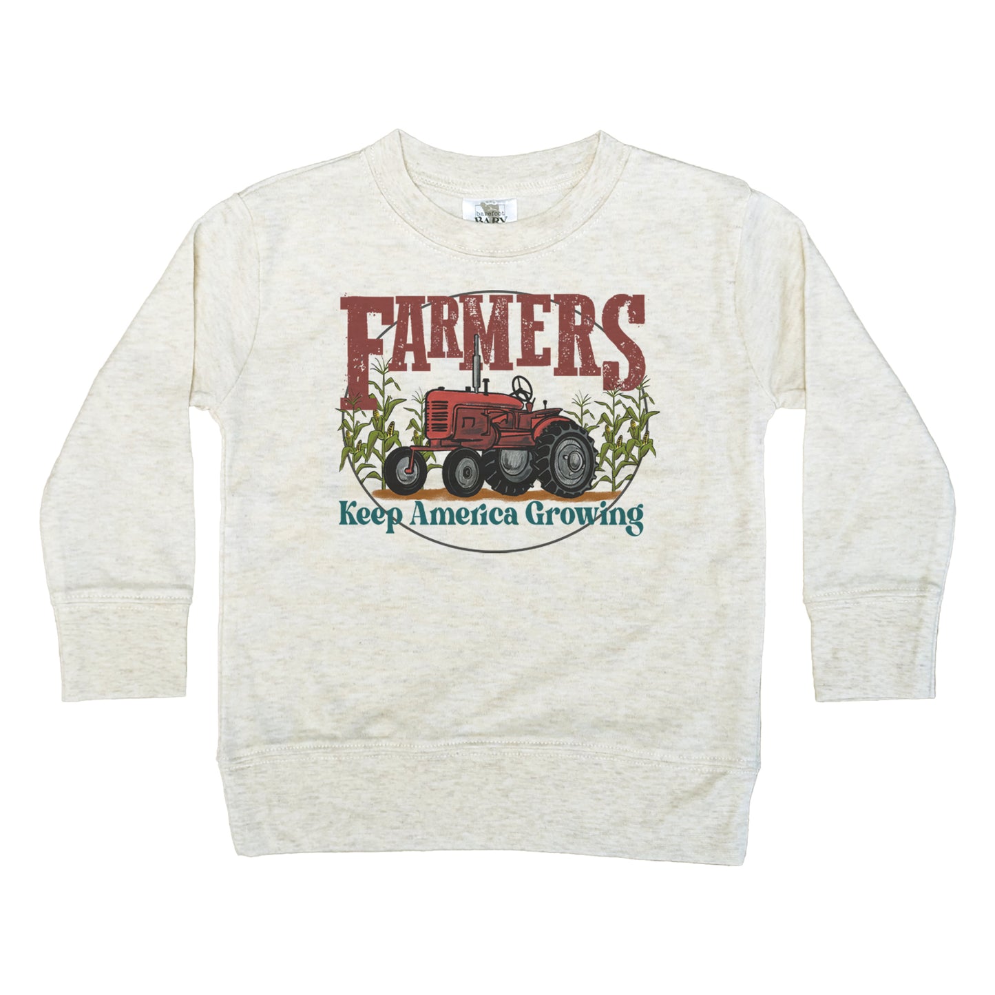 "Farmers keep America growing" Beige Toddler/Youth Long Sleeve shirt, Red tractor