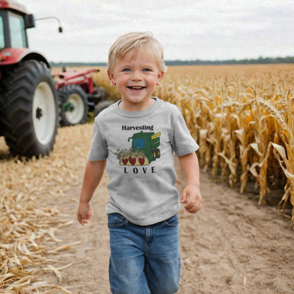 "Harvesting Love" Green Tractor Love Tee in Grey