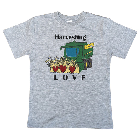 "Harvesting Love" Green Tractor Love Tee in Grey