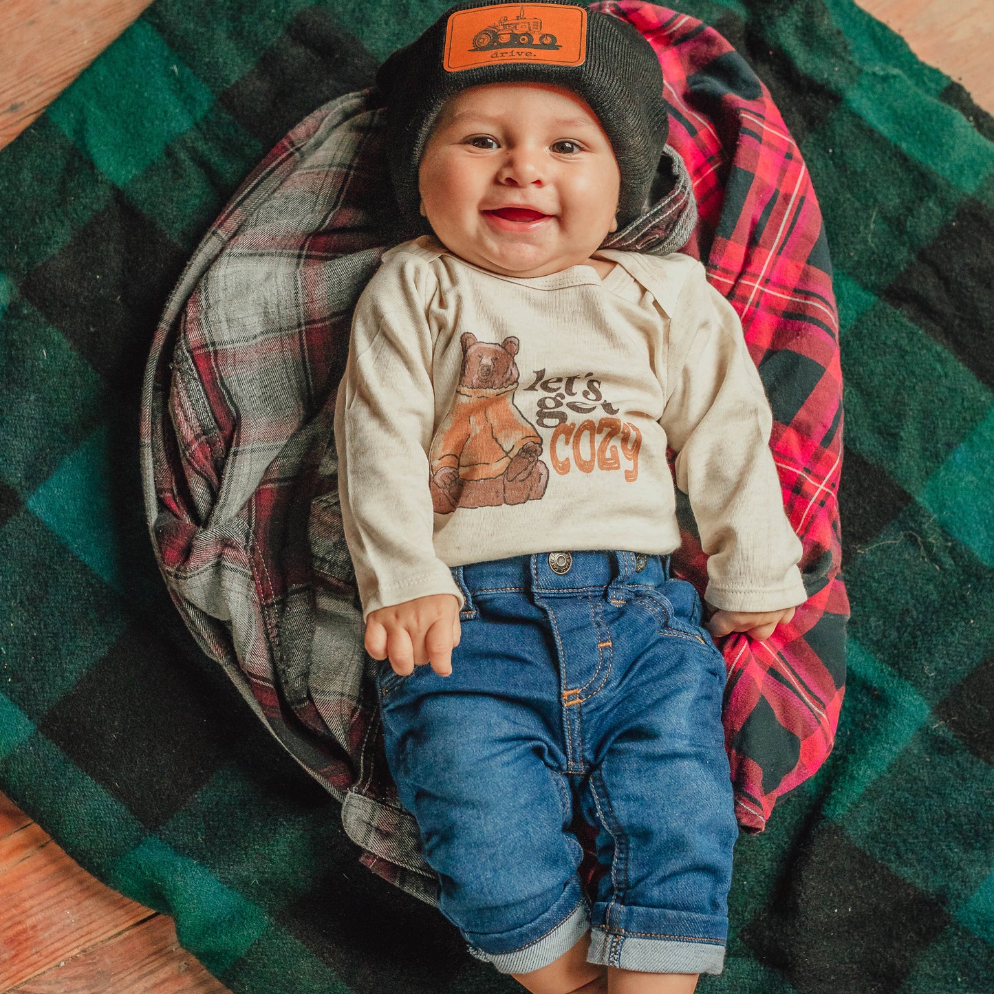 "Let's Get Cozy" Woodland Bear Baby Fall Body Suit