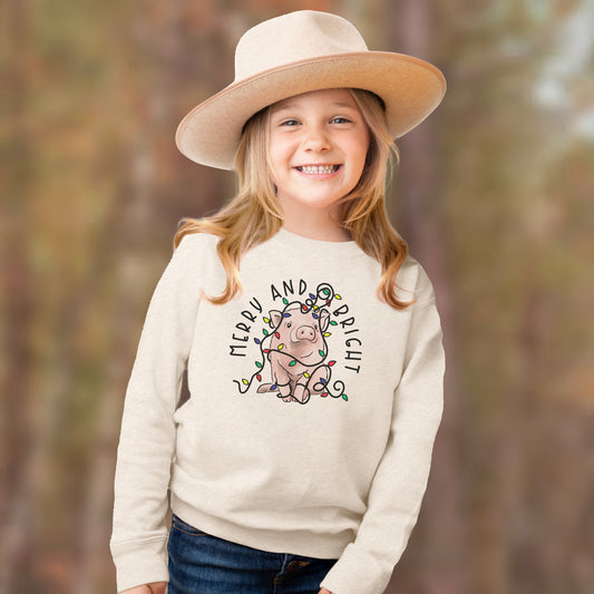 "Merry & Bright" Pig Country Western Kid Long Sleeve tee