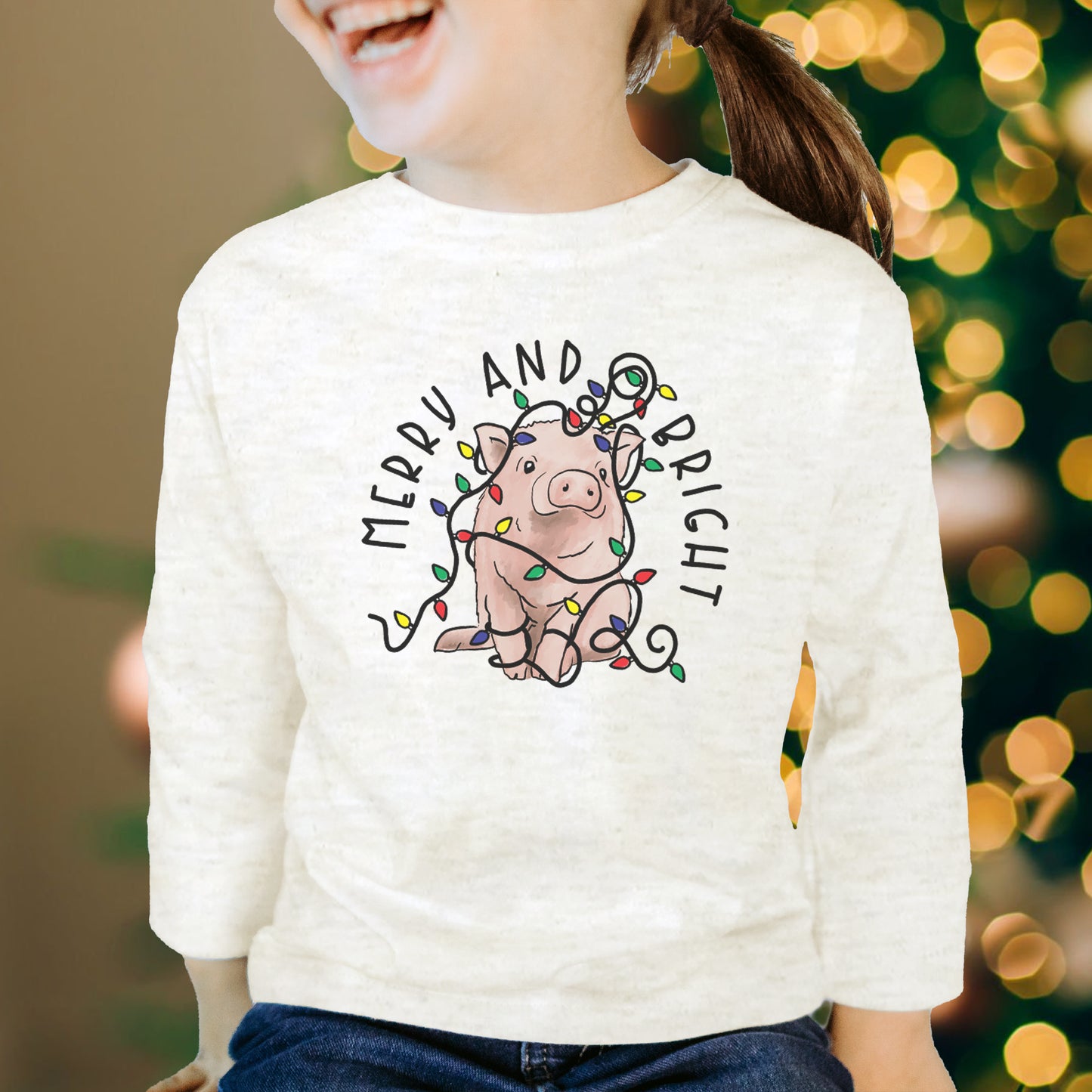 "Merry & Bright" Pig Country Western Kid Christmas 2024 Long Sleeve Shirt