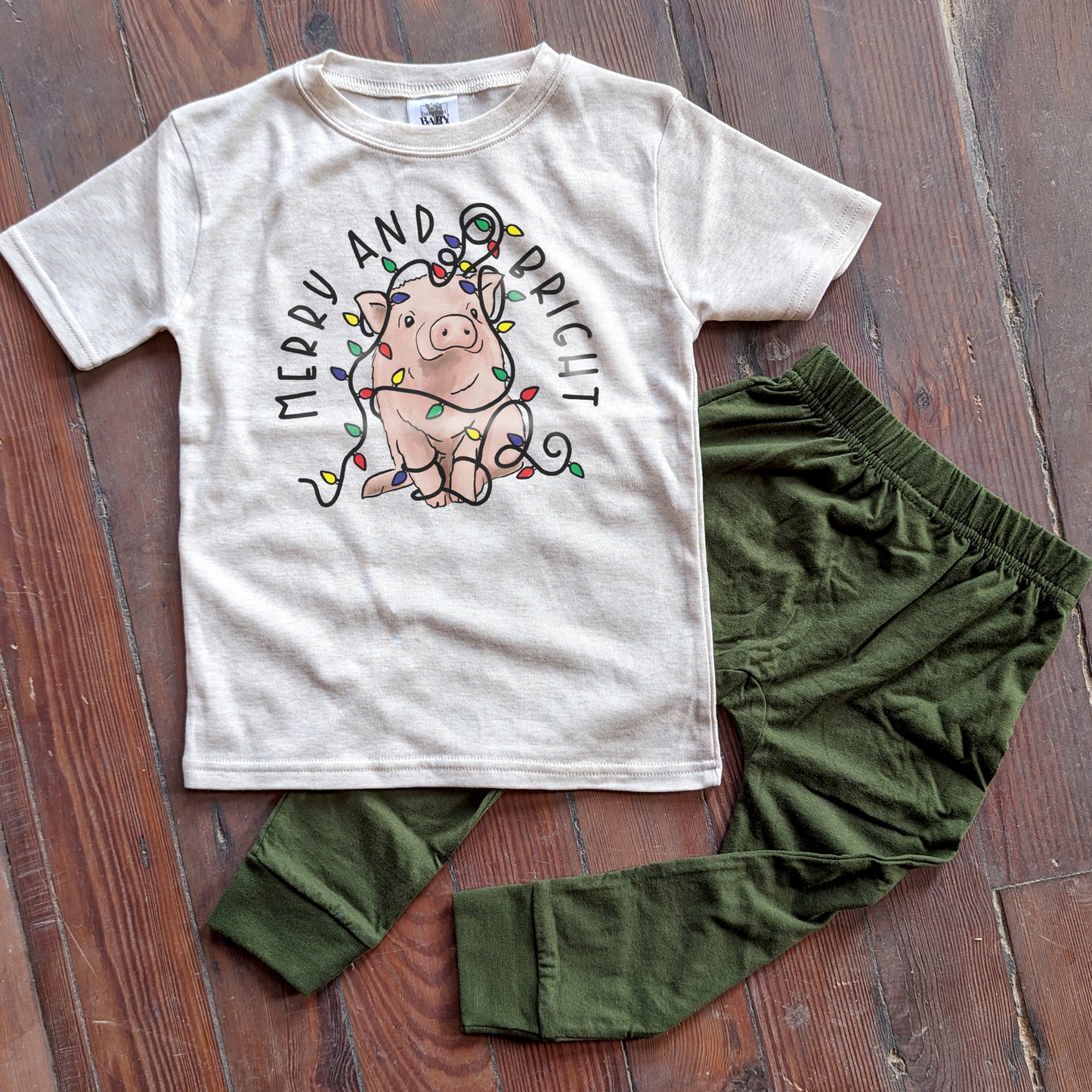 "Merry and Bright" Christmas Pig Sleep N' Play Set | Ages 2T-5T Includes Shirt & Joggers