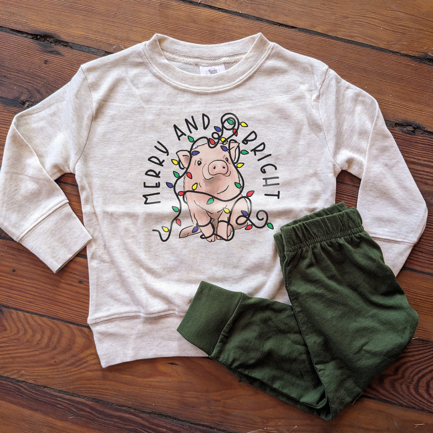 "Merry and Bright" Christmas Pig Sleep N' Play Set | Ages 2T-5T Includes Shirt & Joggers