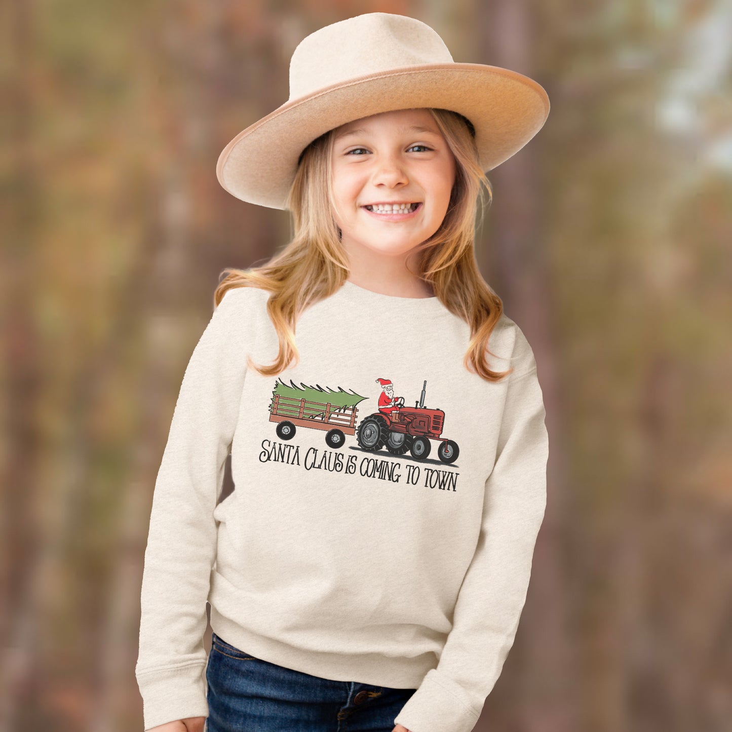 "Santa Claus is coming to town" Country Western Tractor Kid Long Sleeve tee