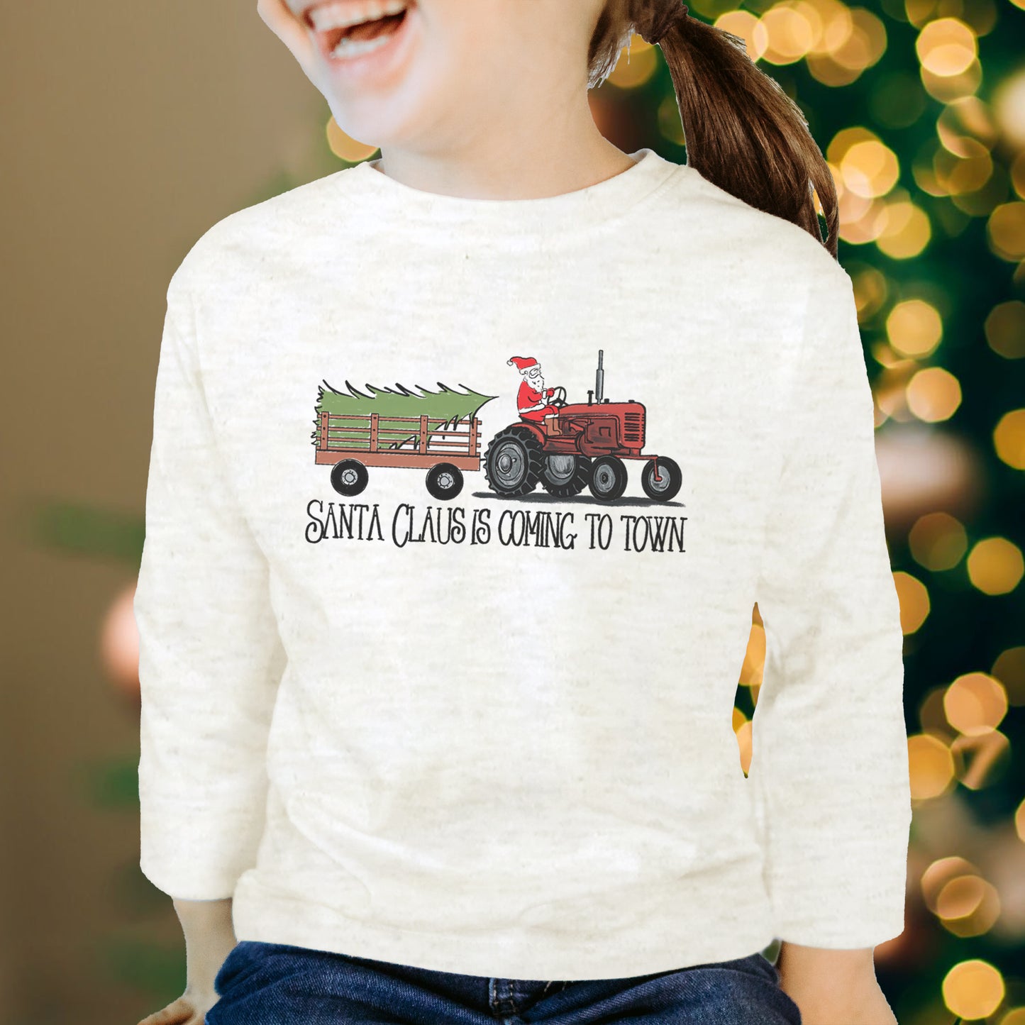 "Santa Claus is coming to town" Country Western Tractor Kid Long Sleeve tee