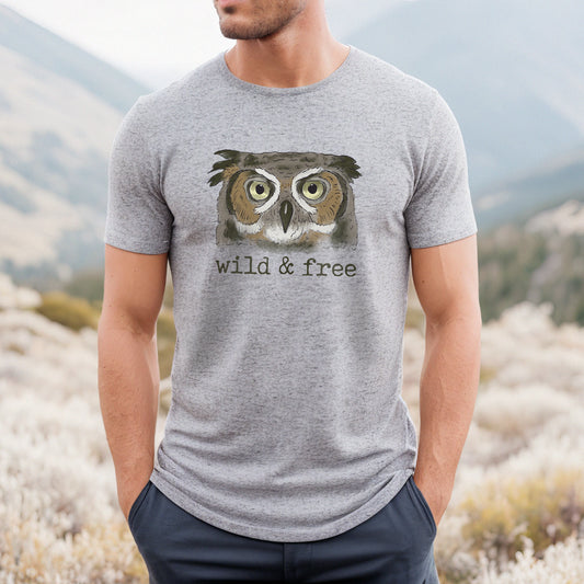 "Wild & Free" ADULT Woodland Owl Nature Tee | Unisex hiking tee | Hiking gifts | Outdoor Lover Soft T-shirt | Hiking shirt for Men